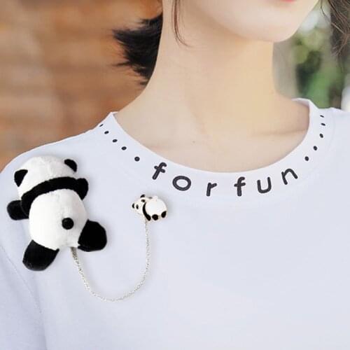 U90E Brooch Pin Mini Plush Panda Breastpin Animal Toys Gift for Girls Family Friends Backpack Clothes Bags (Black White)