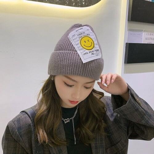 2021 Smiley Knitted Hats for Women Beanie Hat Winter Mens Hats Women Beanies For Ladies Skullcap Solid Cap Knitted Thick hat