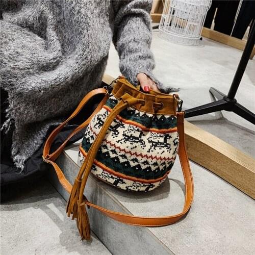 Newhotstacy Bag 040420 womens knitting versatile casual simple tassel Single Shoulder Messenger Bucket Bag