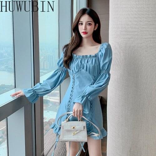 Summer New 2021 Elegant Fluffy Sleeve Slim Ruffle Dress Fashion Style Square Neck Drawstring Black And White Blue Yellow Colour