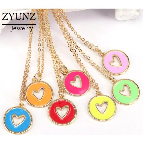 10PCS, Neon Heart Round Charms, Enamel Heart Pendant Necklace