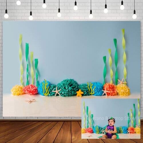 Avezano Sea Backdrop Birthday Baby Shower Seaweed Starfish Flowers Mermaid Newborn Photography Background Photocall Decor Props