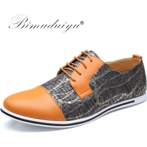 BIMUDUIYU Lace-Up Round Toe Casual Shoes Mixed Colours Breathable Men Flats Leather Shoes Comfortable Big Size 6.5-13
