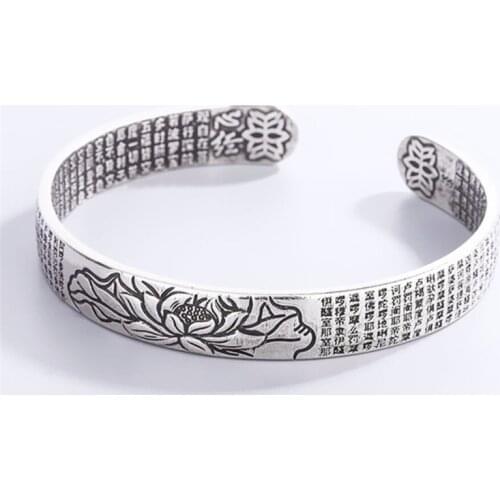 Sole Memory Retro Buddhist Scripture Lotus Sutra 925 Sterling Silver Female Resizable Bracelets SBR310