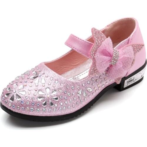 Bekamille Kids Shoes for Girl Autumn Girls Leather Shoes Heel Princess 2019 Fashion Rhinestone Bow Children Leather Shoes SS003