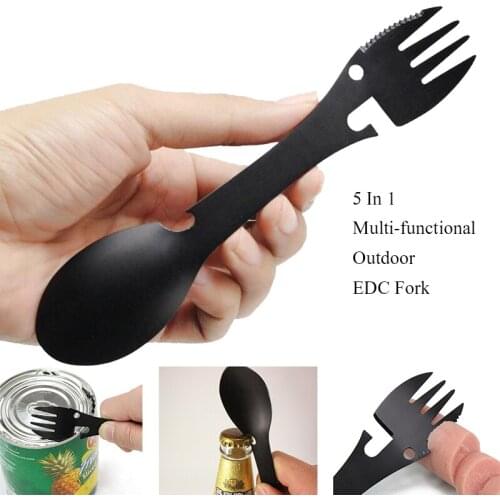 Outdoor Survival Tools 5 in 1 Camping Multi-functional EDC Kit Practical Fork Knife Spoon Bottle/Can Opener