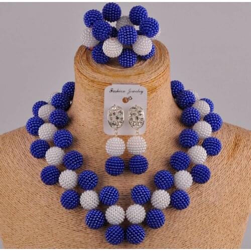 Royal blue and white nigerian beads african wedding necklace jewelry set FZZ109