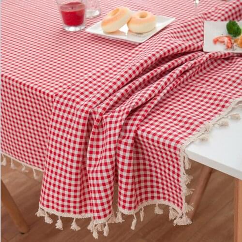 Red plaid table cover for wedding pastoral cotton linen rectangular tablecloth with tassel decoration home kitchen table cloth