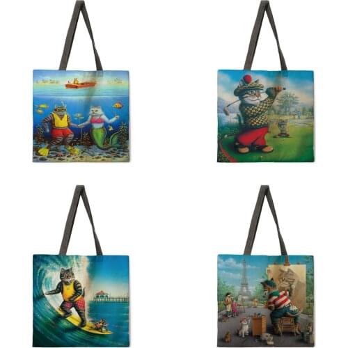 Reusable shopping bag cat and mouse ladies tote bag casual tote bag linen tote bag
