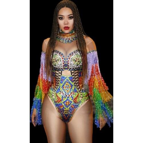 Fashion Women Multicolor Tassel Rhinestone Bodysuit Sexy Nightclub Party Celebration Singer Stage Costume Stretch Dancer Leotard