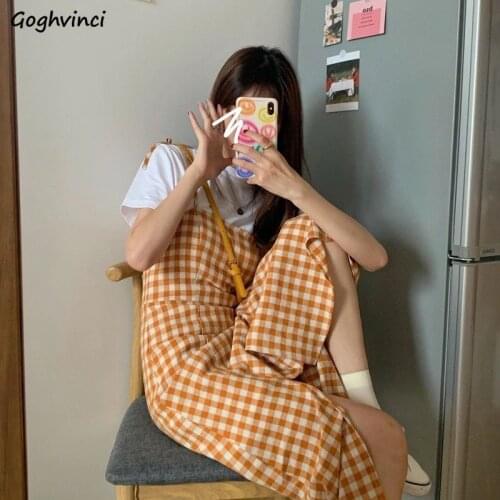 Sleeveless Dress Women Summer Plaid Orange Kawaii A-line Comfortable Minimalist Student Lace-up Sundress Fashion Sweet All-match