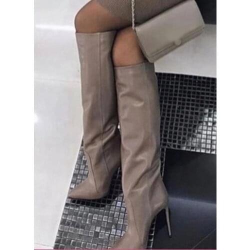Sexy Gray Leather Knee High Boots Stiletto Heels Pointed Toe Women Tall Boots Slip-on High Heel Banquet Dress Shoes Big Size 10