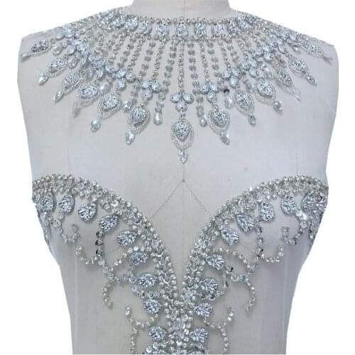 Handmade silver rhinestones applique on white mesh sew on patches trim for dress