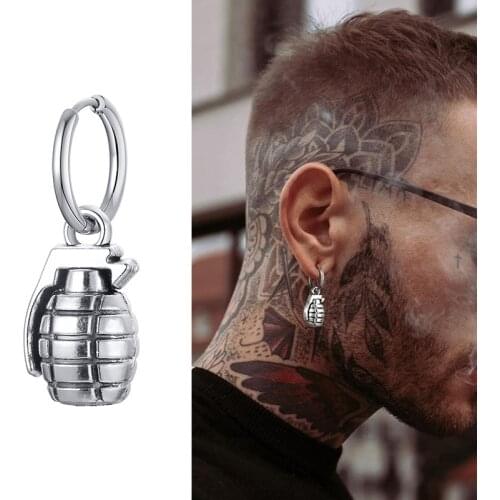 FUN GRENADE SHAPED EARRINGS FOR MEN JEWELRY STAINLESS STEEL HOOP EARING GIFT FOR HIM