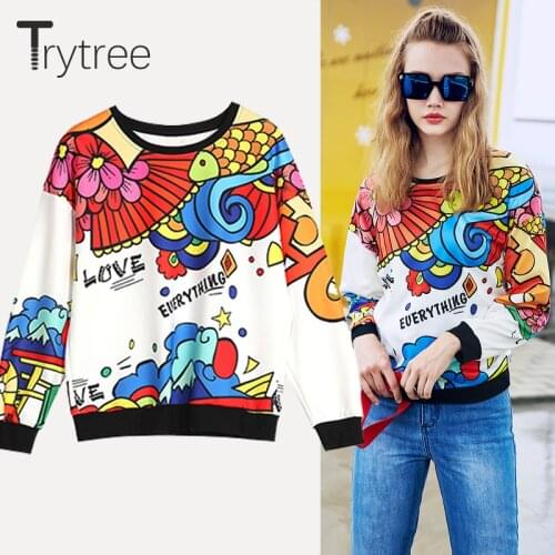 Trytree Summer Autumn Women Sweatshirts Streetwear Floral Polyester O-neck Pullovers Full Sleeve Casual groot Tops Sweatshirts