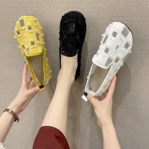 Summer Breathable Mesh Ladies Single Shoes Fashion Casual Soft Bottom Flat Comfortable Solid Color Peas Shoes Large Size 35-40