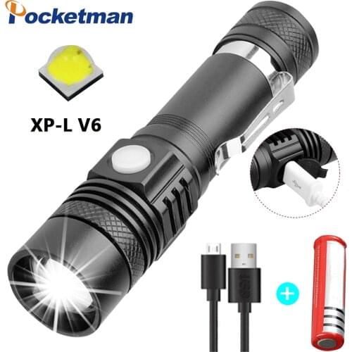 Ultra Bright LED Flashlight With XP-L V6 LED lamp beads Waterproof Torch Zoomable 4 lighting modes Multi-function USB charging