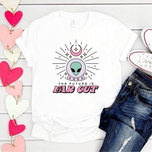 100% Cotton Funny Women Tshirt The Future Is Far Out Alien Flying Saucer Print Loose Summer Tee Femme T-shirt Kawaii Top Clothes