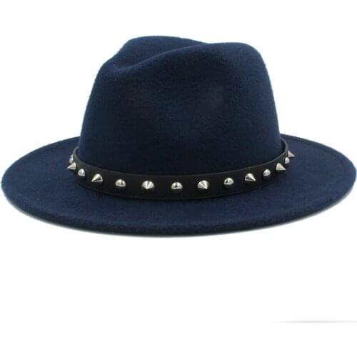 Wool Women Men Fedora Hat For Elegant Lady Winter Autumn Wide Brim Jazz Church Godfather Cap With Punk Rivet Ribbon Size 56-58CM