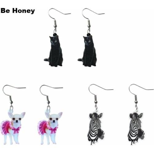 Cute Animal Black Cat Zebra Chihuahua Printed Pendants Acrylic Dangle Earrings For Women Lovely Kitty Dog Horse Fashion Jewelry