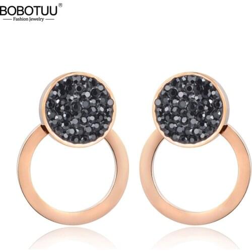 BOBOTUU Black White Rhinestone Double Circle Earrings For Women Titanium Steel Rose Gold Wedding Earrings Jewelry BE18015