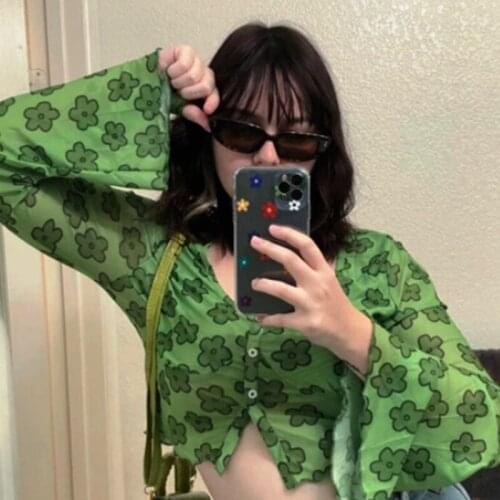 Xingqing Women Crop Tops Floral Printed Long Flared Sleeves U-shaped Collar T-shirt Summer Fall Mesh See Through V-neck Shirts