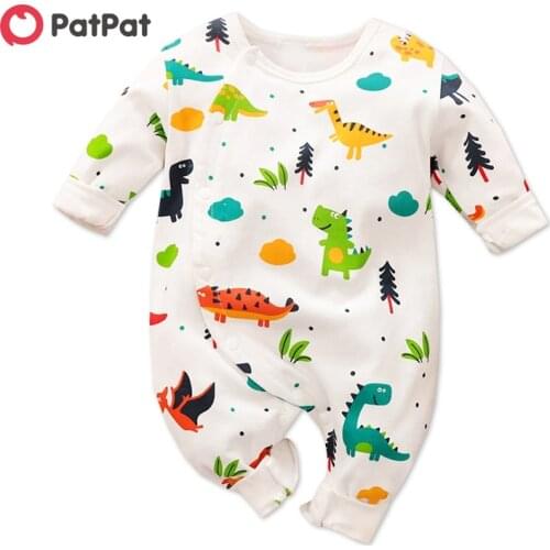 PatPat 2020 New Summer and Spring Allover Adorable Dinosaur Pattern Long Sleeve Snap-up Jumpsuit in Grey for Baby and Newborn