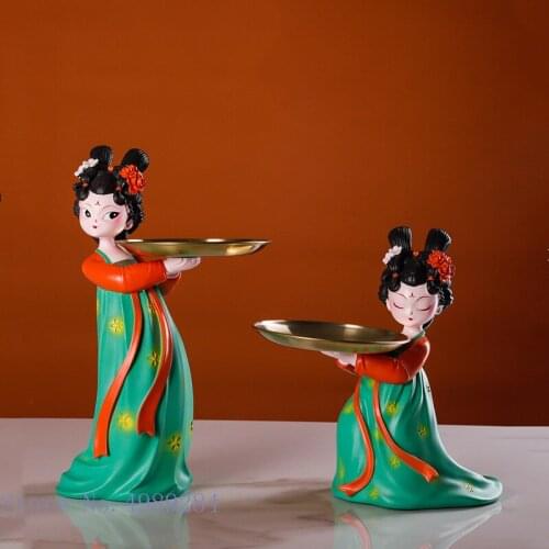 Chinese Retro Maid Woman Costume Forbidden City Tang Dynasty Key Storage Tray Ornaments Figure Sculpture Home Decoration