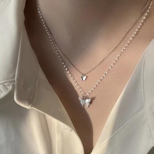 U-Magical Temperament Double Layer Cubic Zircon Butterfly Pendant Necklace for Women Charming Metallic Chain Necklace Jewelry