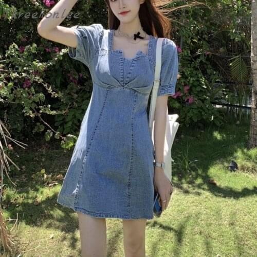 2021 Summer Fashion Korean Denim Dress Version Shows Thin Temperament High Waist Bubble Sleeve A-line Denim Dress
