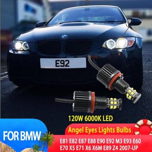 2pcs White 6000K Lamp 120W LED Angel Eyes Marker Lights Bulbs for BMW E87 E39 M5 E60 E61 E63 E64 M6 E65 E66 E83 X3 E53 X5 00-08