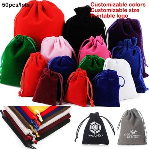 50pcs/lot Coloful Velvet bag Drawstring Pouches Jewelry Packaging Display Drawstring Packing Gift Bags & Pouches Printable Logo