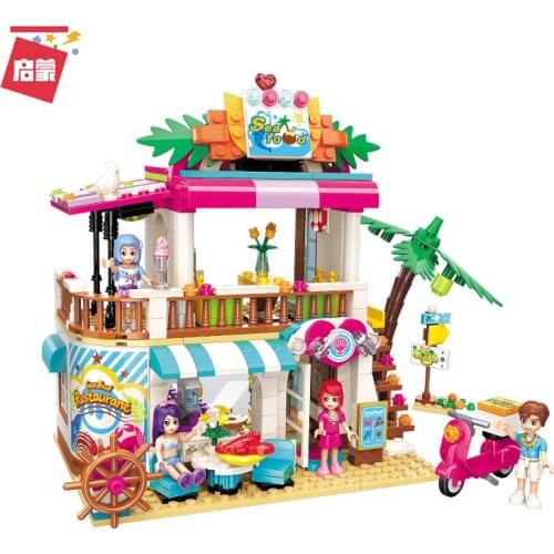 527PCS Enlightenment Building Blocks 2021 Beach Seafood Restaurant Assembly Model Girl Fight Insert Toy Gift
