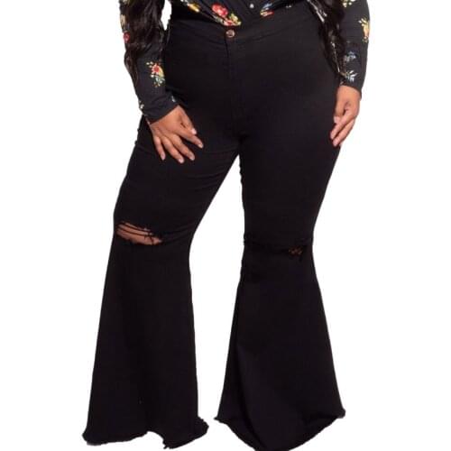 Denim Flare Pants Women 5XL Plus Size High Waist Pockets Trousers Autumn New Ripped Hollow Fashion Office Lady Jeans Denim Pants