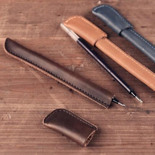 Genuine Leather Simple Style Pen Pencil Case Holder Box Bag Storage Container for Fountain Pen Ballpoint Pen + Cable Winder Free