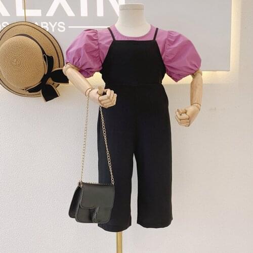 ChildrenS Clothing 2021 Spring And Summer New Girls French Puff Sleeve Top And Bib Overalls Two-Piece Clothes Suit For Girls