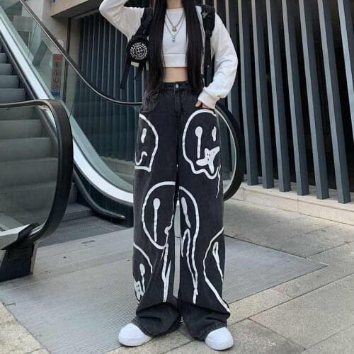 Retro Washed Jeans New Womens Trousers Ins Dark Print Graffiti Mens Casual Loose Lazy Drape Wide-Leg Pants