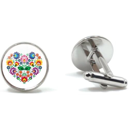 Ethnic Polish Folk Art Pattern Glass Cabochon Cufflinks Bohemia Flower Print Cuff Button For Male Gentleman Shirt Wedding Gift