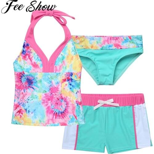 Swimsuit for Kids Girls Summer Swimwear Swimming Outfit Beach Wear Sleeveless Halter Neck Top Bowknot Shorts with Briefs Set