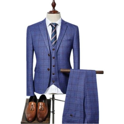 Jacket+Vest+Pants) 2019 Tailored Suits Men Tuxedo Fashion Grid Stripe Mens Slim Fit Business Wedding Suit Men Anzug Herren