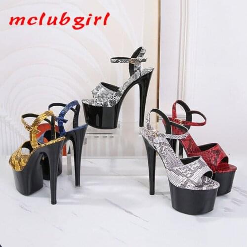 Mclubgirl Summer Sexy Nightclub Snakeskin Model Womens Shoes Super High Heel Stiletto Platform Waterproof Women Sandals LFD