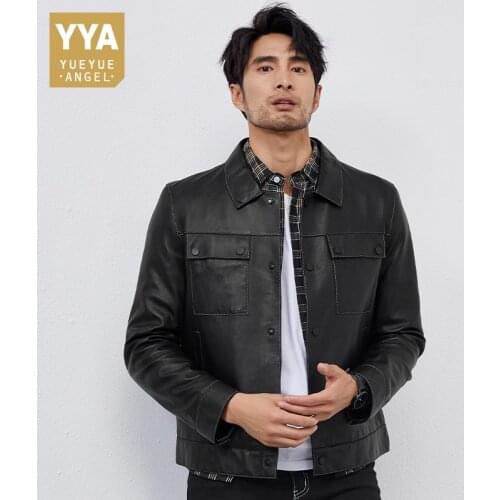 Men Casual Genuine Leather Cargo Jacket High Quality Business Office Sheepskin Coat Street Style Single Breasted Slim Jackets