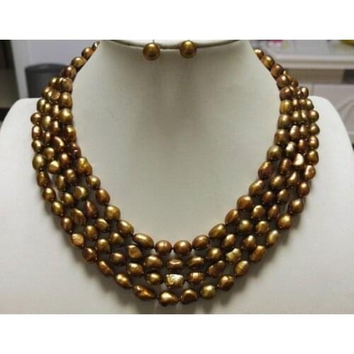 Unique Pearls jewellery Store Baroque Pearl Jewelry Set 4rows Cultured 8-9mm Brown Color Freshwater Pearl Necklace Earrings