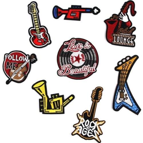 50pcs/Lot Embroidery Patches Letters Clothing Decoration Accessories Diy Iron Heat Transfer Applique Musical Instrument Guitar