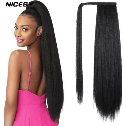 NICESY Long Kinky Straight Yaki Ponytail Hair Synthetic Extension Clip-in Magic Paste Resistant 24in 100g Wrap Around Hairpieces