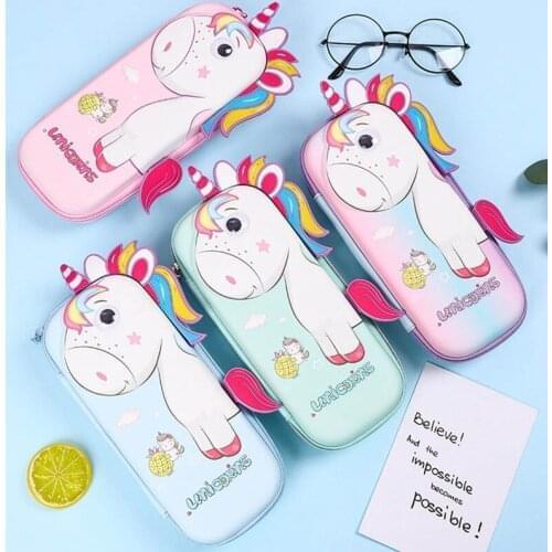 New Cute Korea Cartoon Pencil Case Bag Double Large Capacity Pencil Box Kawaii Unicorn Dinosaur Zipper Pen Box