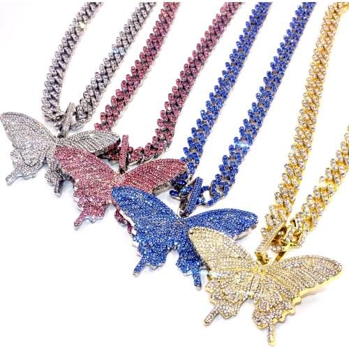 2021 Fashion 8MM Cuban Link Butterfly Pendant 59MM*35MM Necklaces Charm Women Men Hip Hop Rock Jewelry With Miami Chain