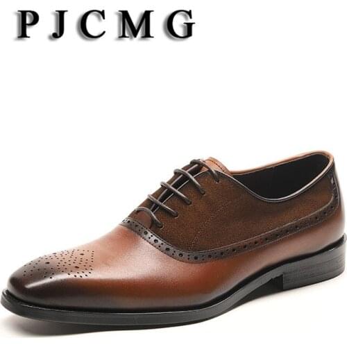 PJCMG New Fashion Black/Brown Genuine Leather Lace-Up Pointed Toe Nubuck Pattern Flat Man Casual Classic Gentleman Shoes