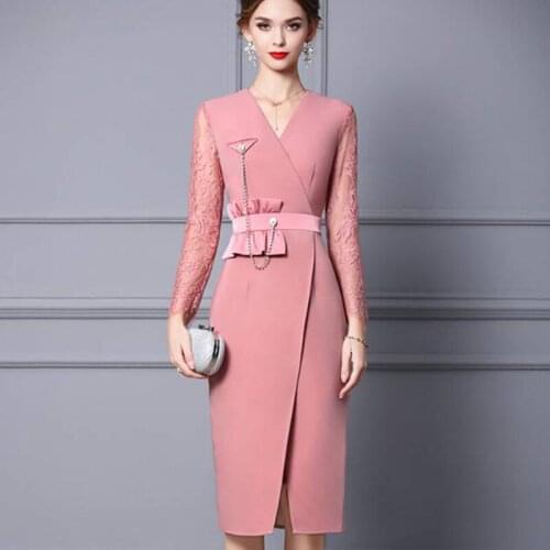 2021 Autumn New Dress Fashion Design Women Pink Lace Long Sleeve Ruffles Patchwork Office Lady Slim Dresses