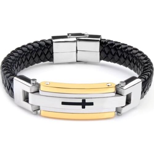 Cross Frame Genuine Leather Bracelet Magnetic Clasp Stainless Steel Charm Punk Rock Braided Bracelets Gifts For Male